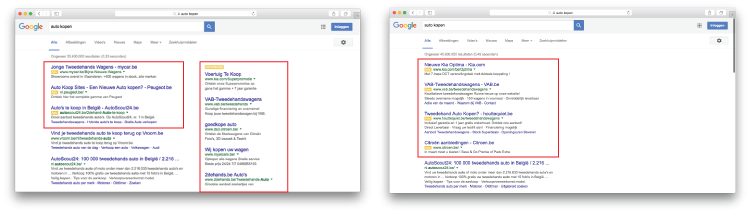 Google Search wijziging van weergave advertenties voor en na